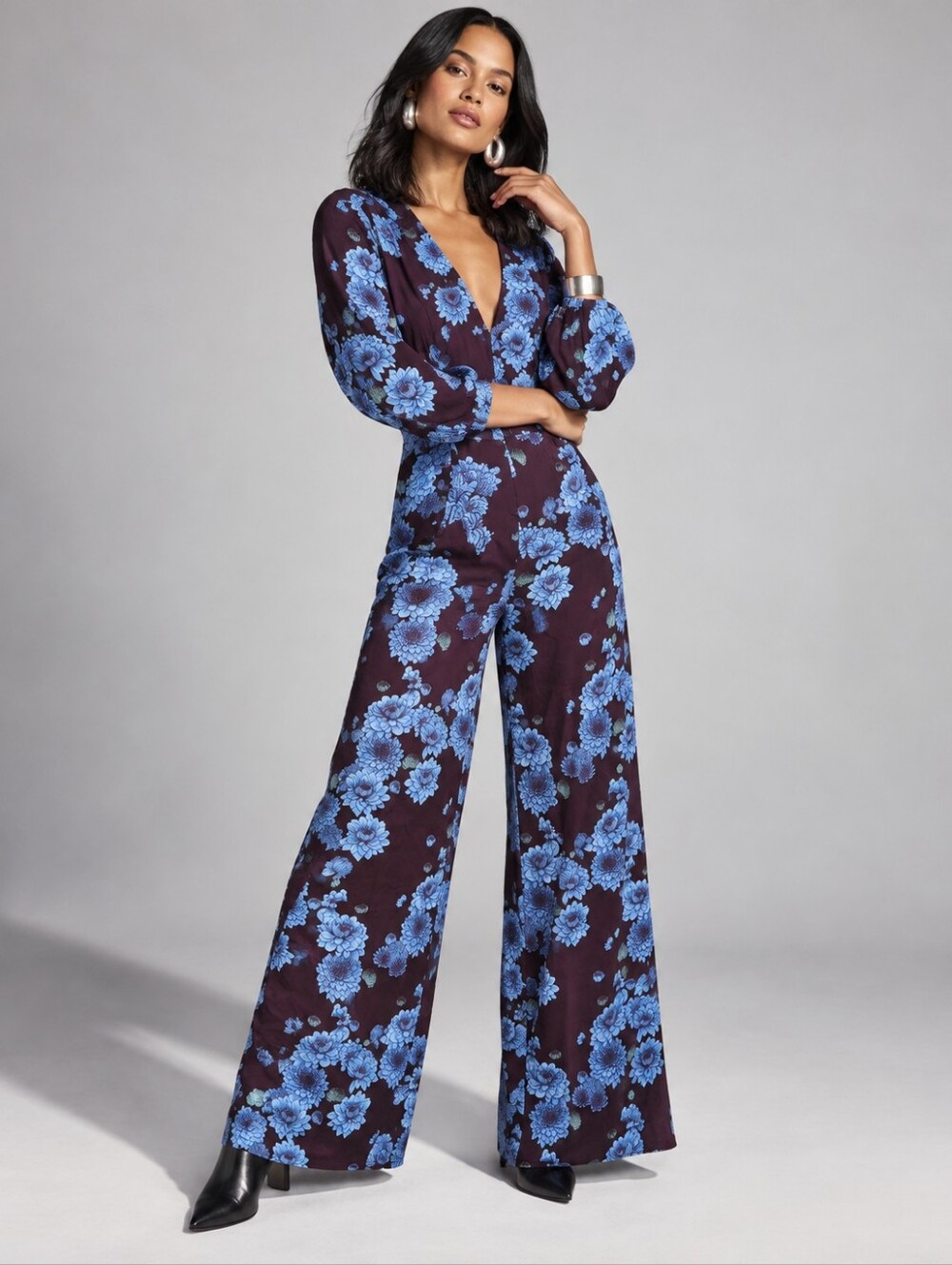 Lords of Harlech Jill Serious Floral Wide Leg Jumpsuit Plum Blue XXL NWT